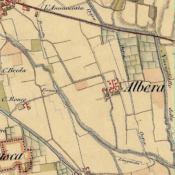 L'area dell'Albera tra il 1819 ed il 1828 nelle mappe dell'Impero asburgico. Verso la cascina Ronco sorgeva all'epoca una fornace